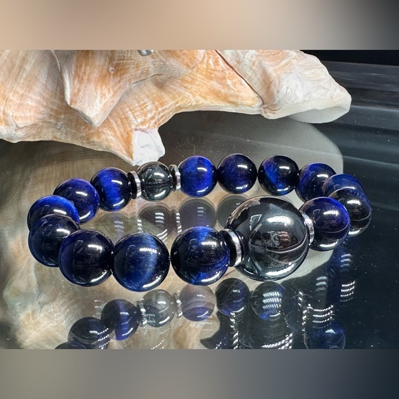 DARK BLUE TIGERS EYE + HEMATITE NATURAL STONES BRACELET size 7” - Picture 7 of 11